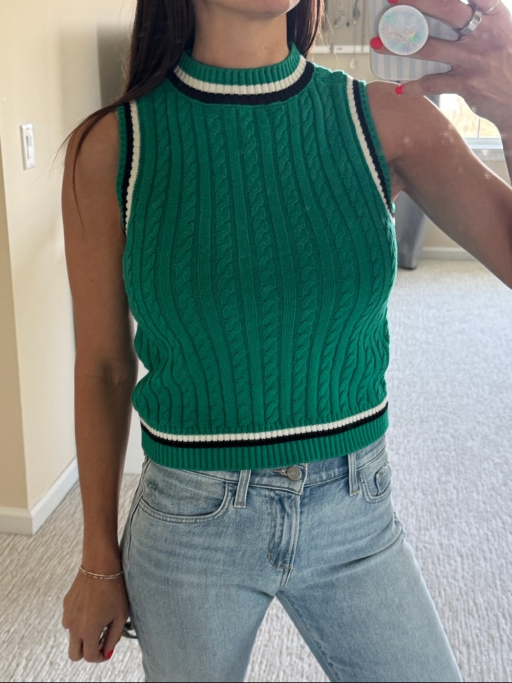 bp Green Cable Knit Sleeveless Sweater Tank with Black and White Trim